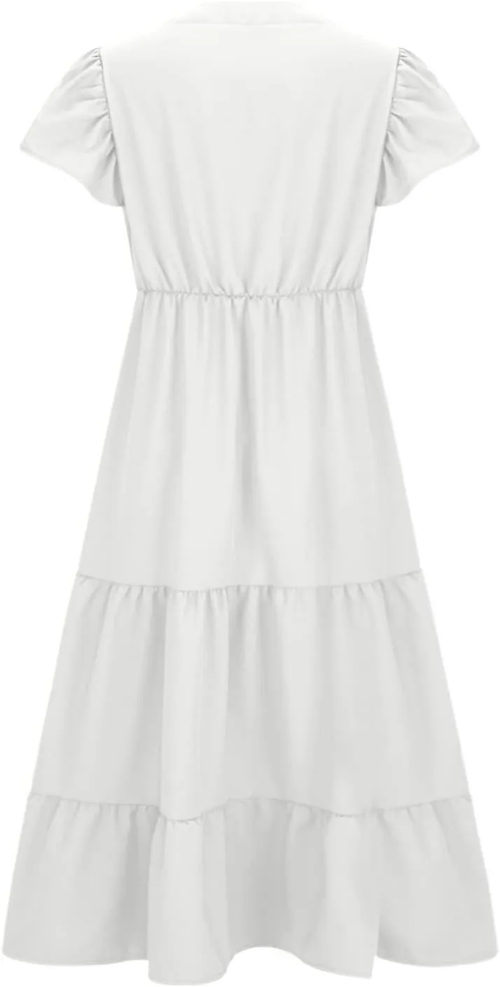 Plus Size Dress for Women V Neck Ruffle Short Sleeve Summer Casual Tiered Sundress Sleeveless with Pockets