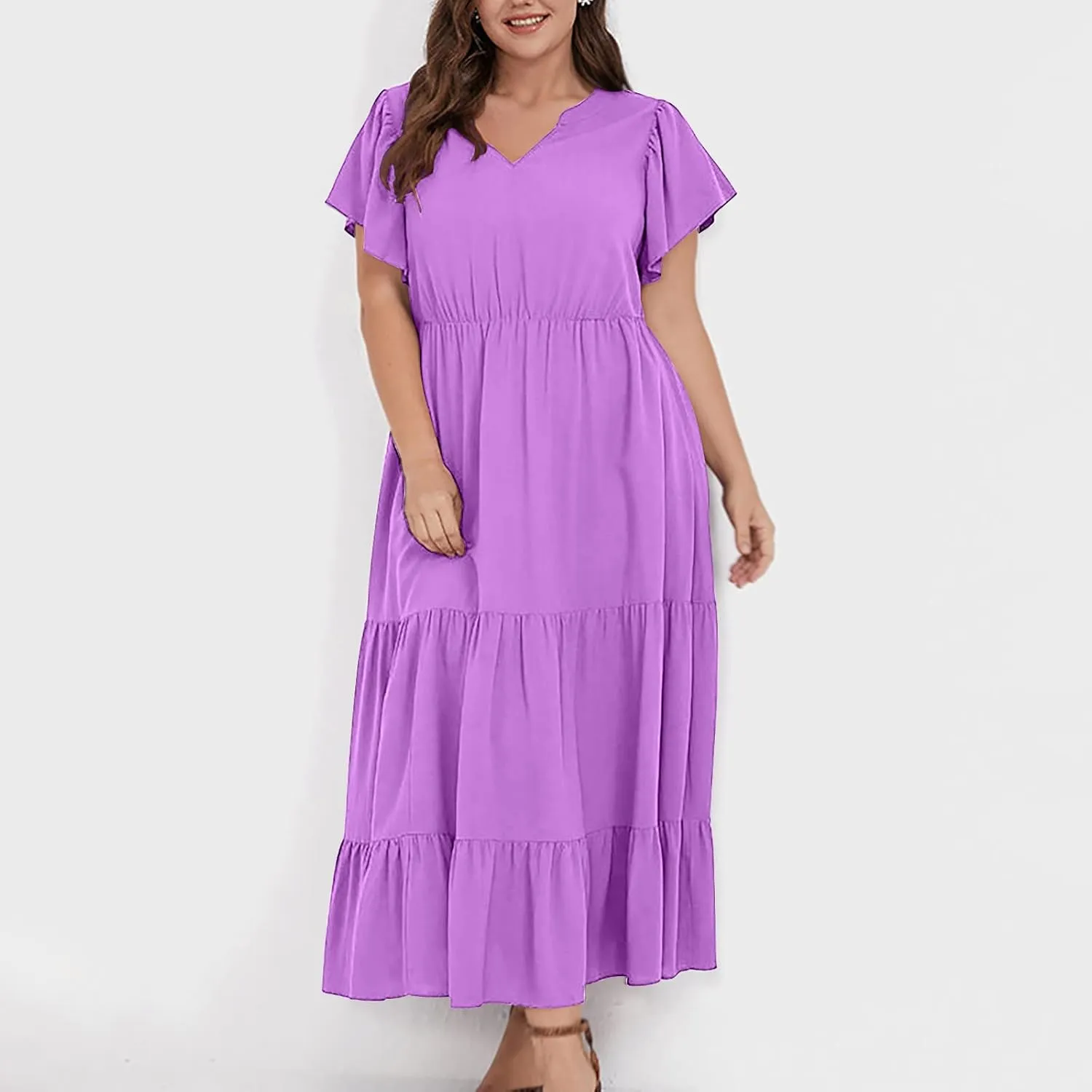 Plus Size Dress for Women V Neck Ruffle Short Sleeve Summer Casual Tiered Sundress Sleeveless with Pockets