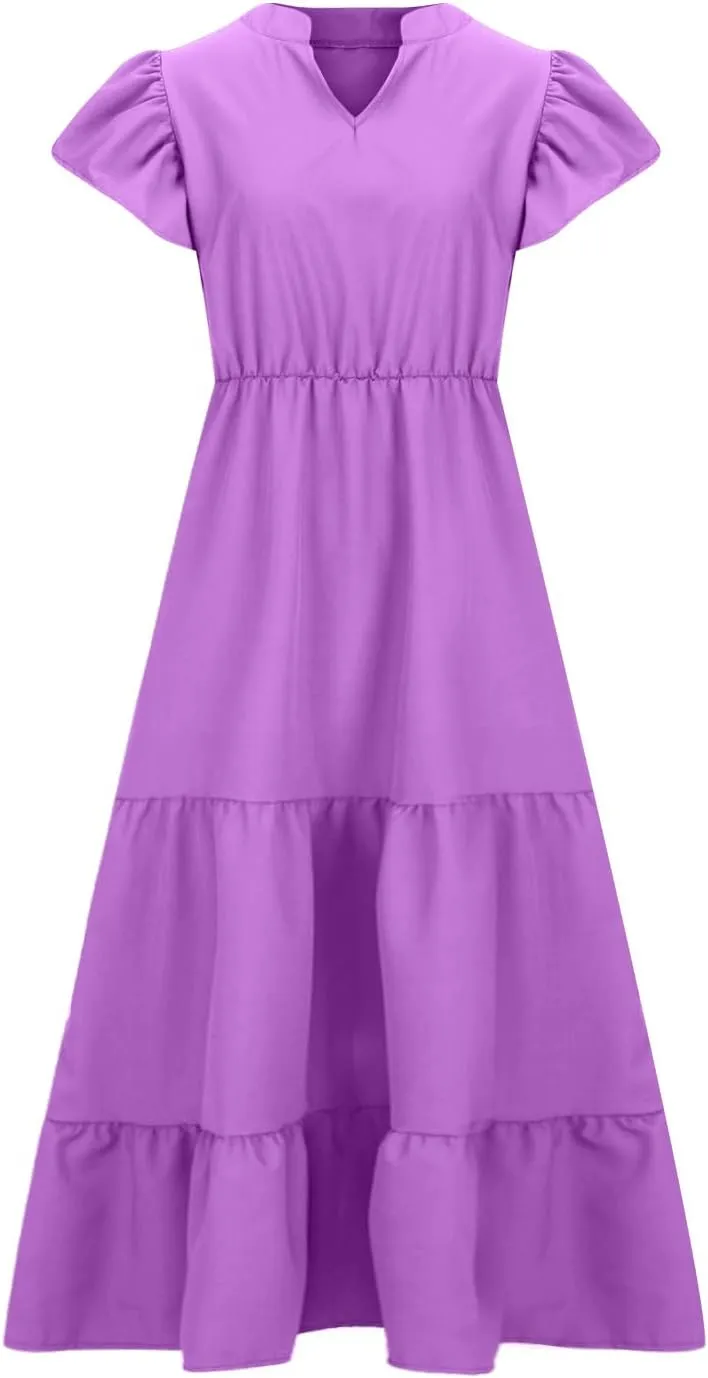 Plus Size Dress for Women V Neck Ruffle Short Sleeve Summer Casual Tiered Sundress Sleeveless with Pockets