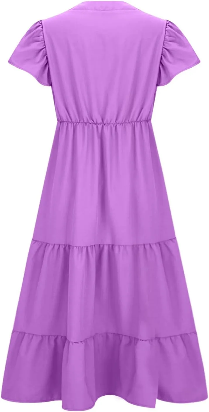 Plus Size Dress for Women V Neck Ruffle Short Sleeve Summer Casual Tiered Sundress Sleeveless with Pockets