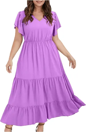 Plus Size Dress for Women V Neck Ruffle Short Sleeve Summer Casual Tiered Sundress Sleeveless with Pockets