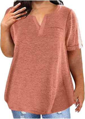 Plus Size Shirts For Women V Neck Loose Fit Summer Tshirts Short Sleeve Solid Color Fashion Blouse Comfy Tunic Tops