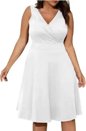 Plus Size Sleeveless V Neck Dress for Women A Line Midi Dressy Casual Summer Wedding Guest Flowy Fit Flare Sundress