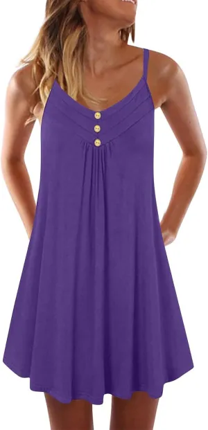 Plus Size Spaghetti Strap Mini Dress for Women Button Pleated Front Cami Dresses Summer Casual Comfy Beach Sundress