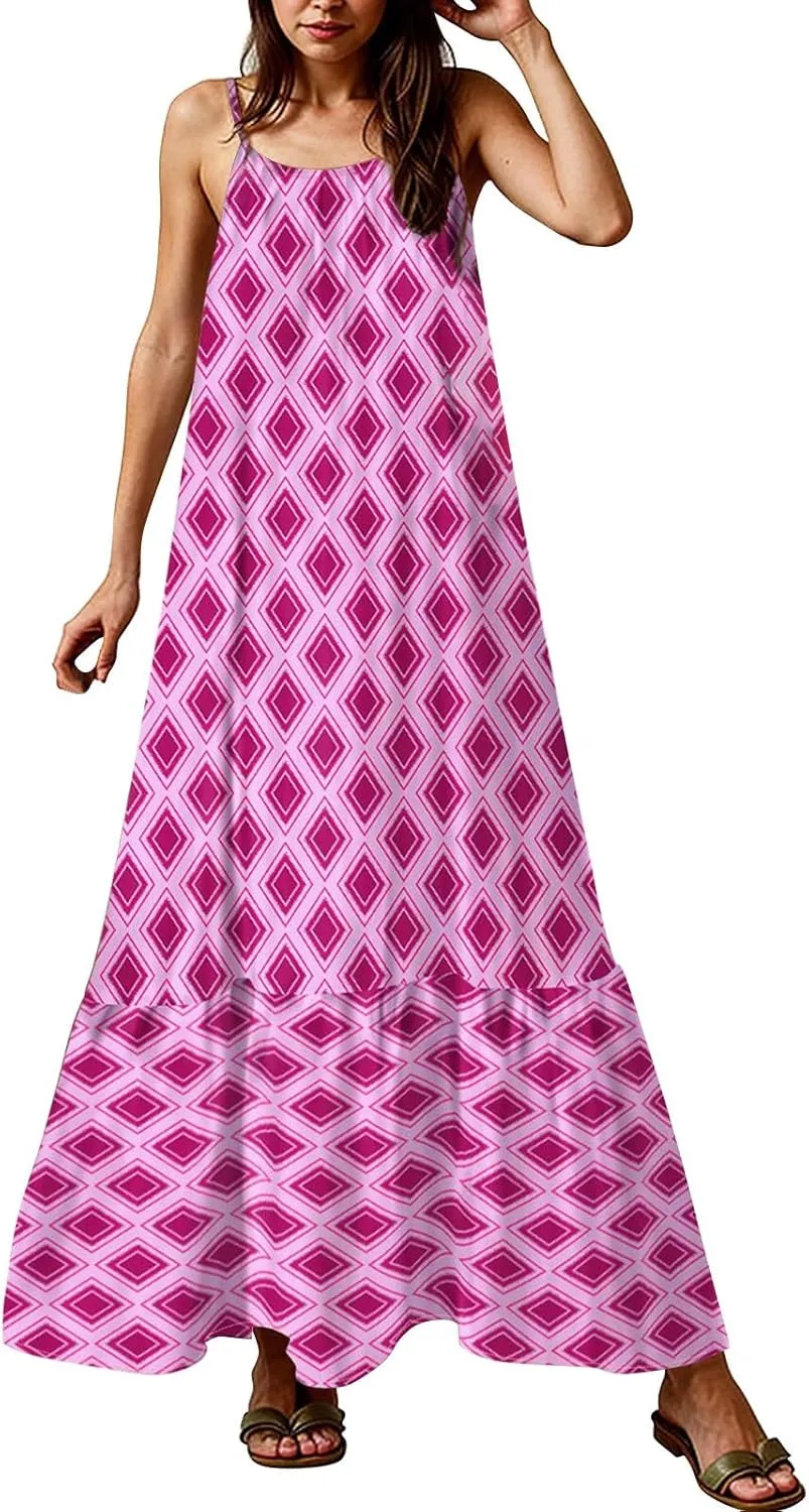 Plus Size Summer Dresses for Women Spaghetti Strap Sleeveless Maxi Dress Floor Length Bohemian Casual Formal Dress