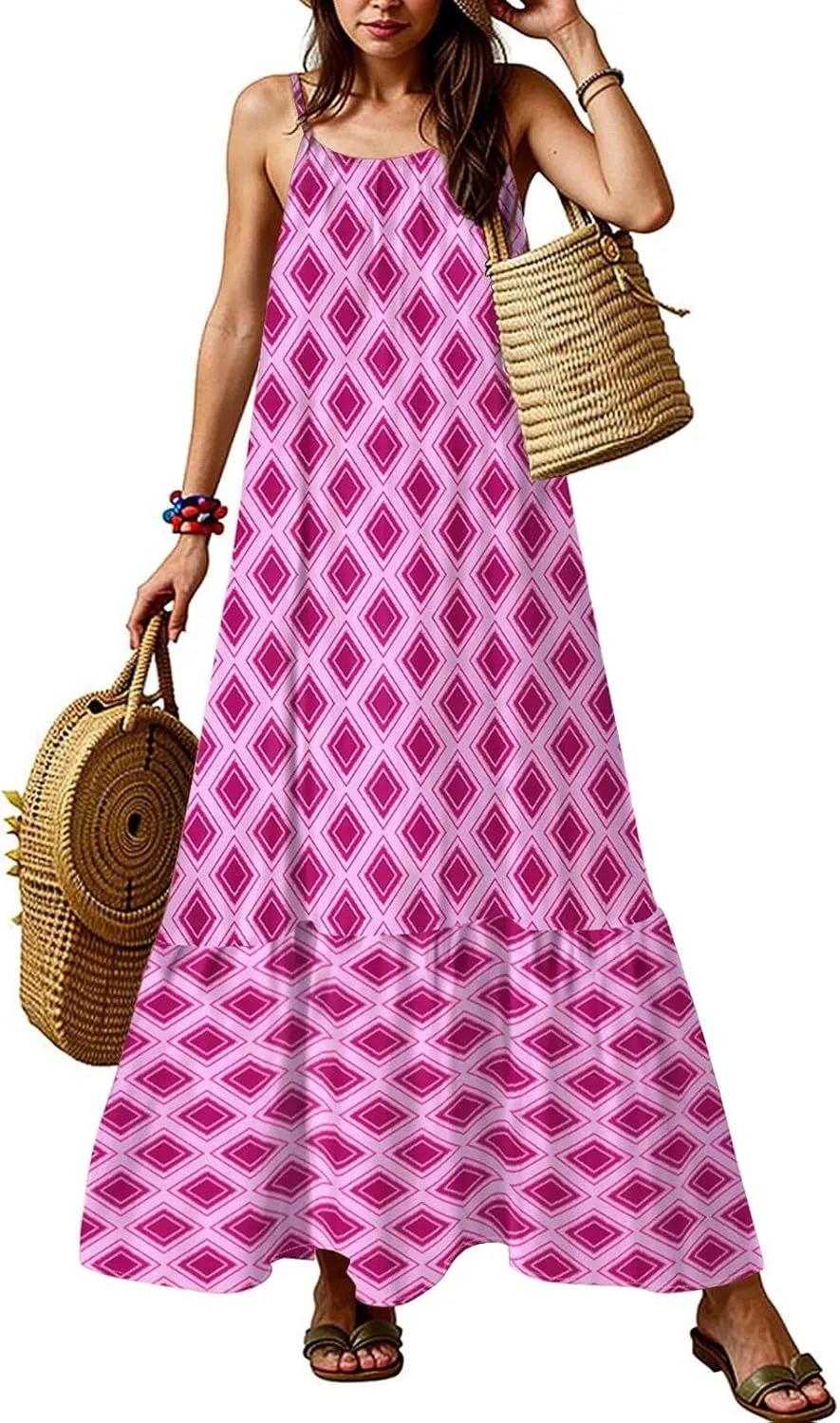Plus Size Summer Dresses for Women Spaghetti Strap Sleeveless Maxi Dress Floor Length Bohemian Casual Formal Dress