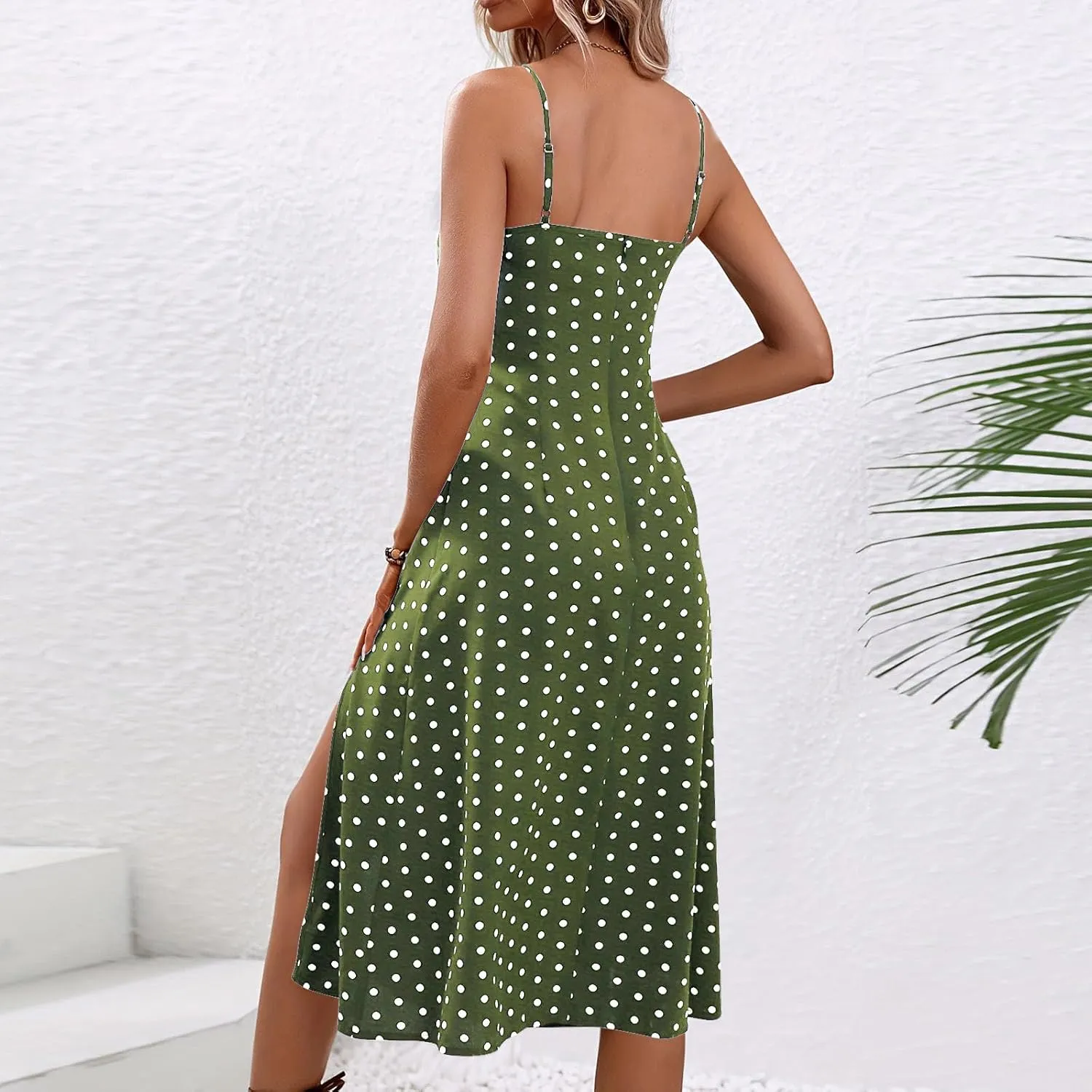 Polka Dot Dresses for Women Spaghetti Strap Sundress Summer Slim Fit Side Slit Midi Dress Sexy A Line Beach Sundress