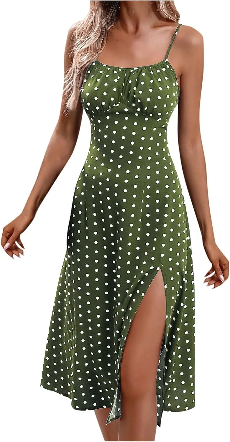 Polka Dot Dresses for Women Spaghetti Strap Sundress Summer Slim Fit Side Slit Midi Dress Sexy A Line Beach Sundress