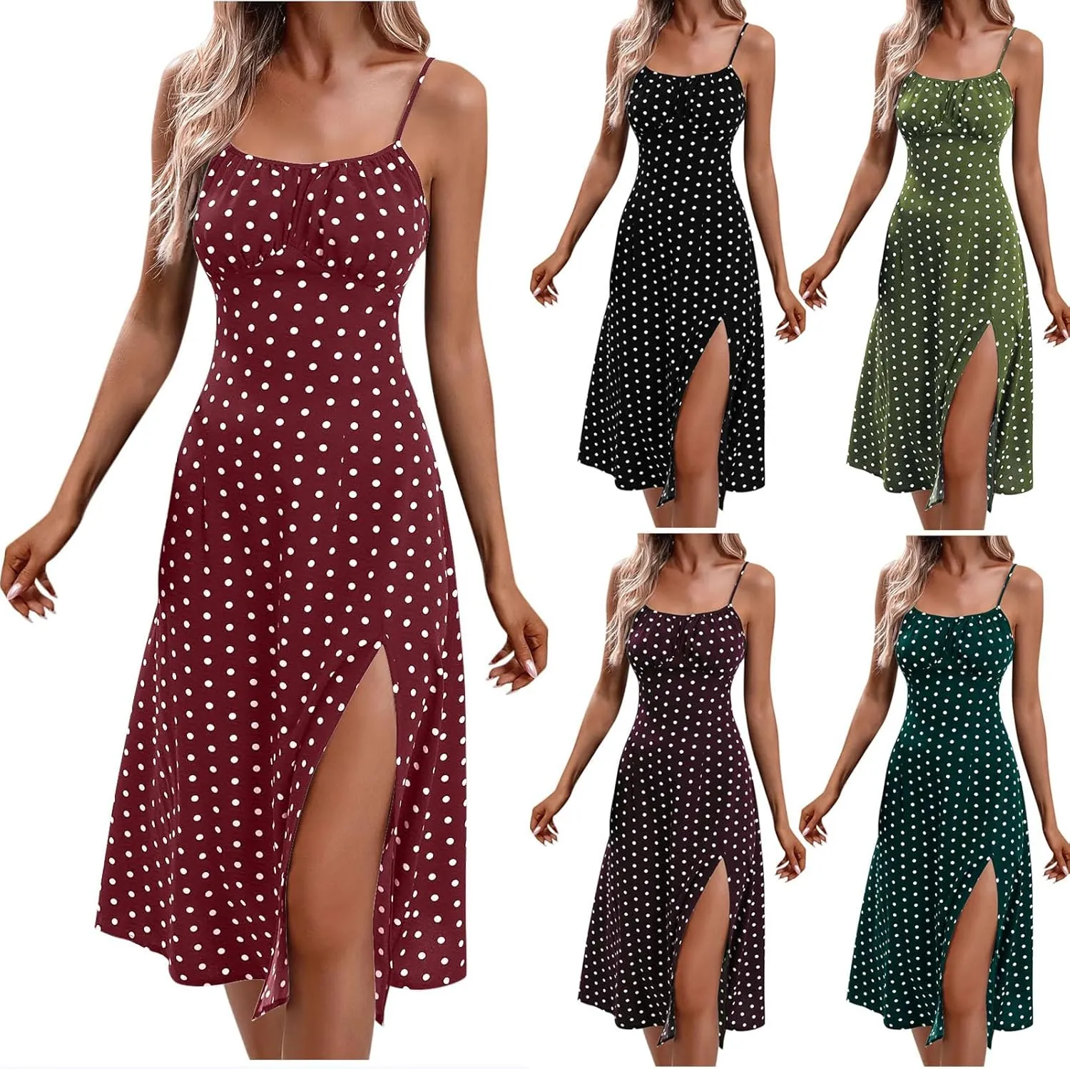 Polka Dot Dresses for Women Spaghetti Strap Sundress Summer Slim Fit Side Slit Midi Dress Sexy A Line Beach Sundress