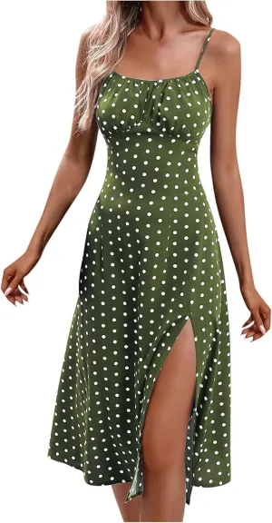 Polka Dot Dresses for Women Spaghetti Strap Sundress Summer Slim Fit Side Slit Midi Dress Sexy A Line Beach Sundress