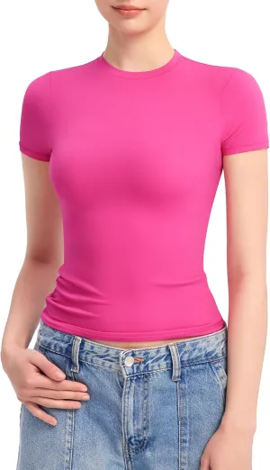 PUMIEY Women's Crew Neck Short Sleeve Tops Double Lined Slim Fit T Shirts Basic Tee Smoke Cloud Pro Collection