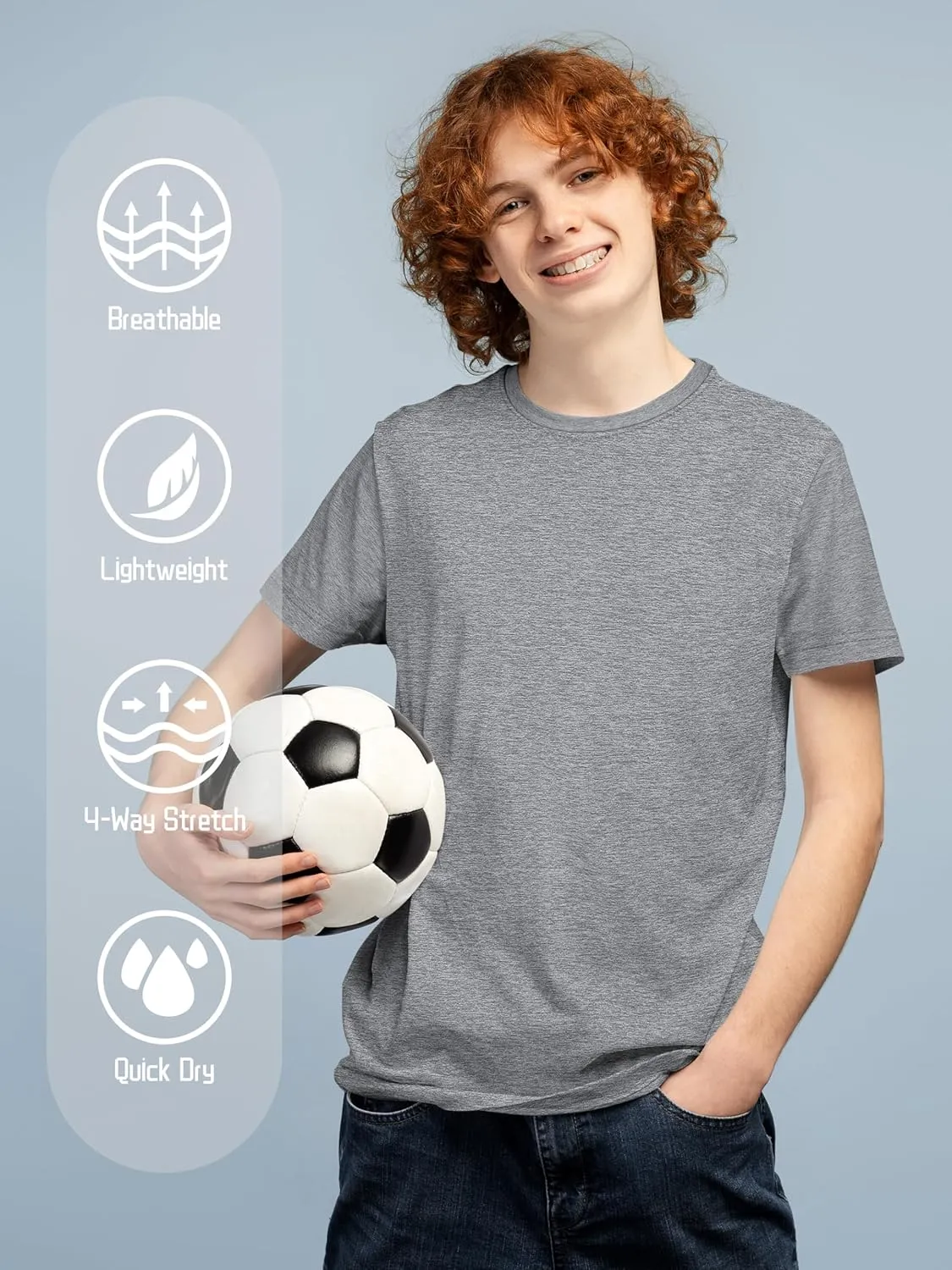 QWE 5 Pack Boys Shirts Youth Dry Fit Shirts Athletic Short Sleeve T-Shirt Boys' Activewear Tops for Youth Teens 5-18 Years
