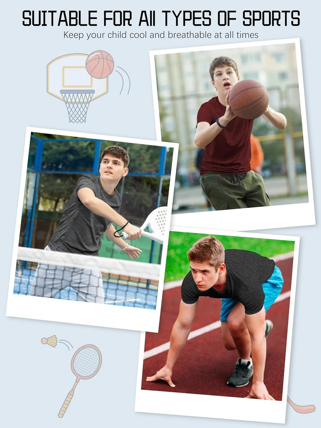 QWE 5 Pack Boys Shirts Youth Dry Fit Shirts Athletic Short Sleeve T-Shirt Boys' Activewear Tops for Youth Teens 5-18 Years