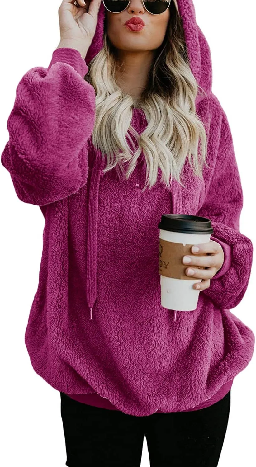 ReachMe Womens Oversized Sherpa Pullover Hoodie with Pockets Fuzzy Fleece Sweatshirt Plaid Fluffy Jacket Coat