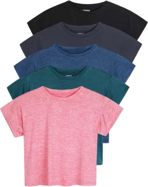 Real Essentials 5 Pack: Women's Dry Fit Crop Top - Short Sleeve Crew Neck Stretch Athletic Tee (Available in Plus Size)
