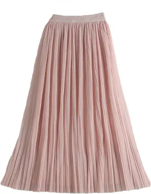 Reversible Tulle Midi Long Skirt Women Summer Solid High Waist Pleated Mid-Length Skirt Female