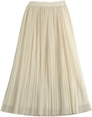 Reversible Tulle Midi Long Skirt Women Summer Solid High Waist Pleated Mid-Length Skirt Female