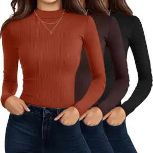 Riyiper 3 Pack Women's Turtleneck Shirts, Slim Fitted Mock Neck Tops Casual Long Sleeve Knit Ribbed Thermal Undershirts Tee