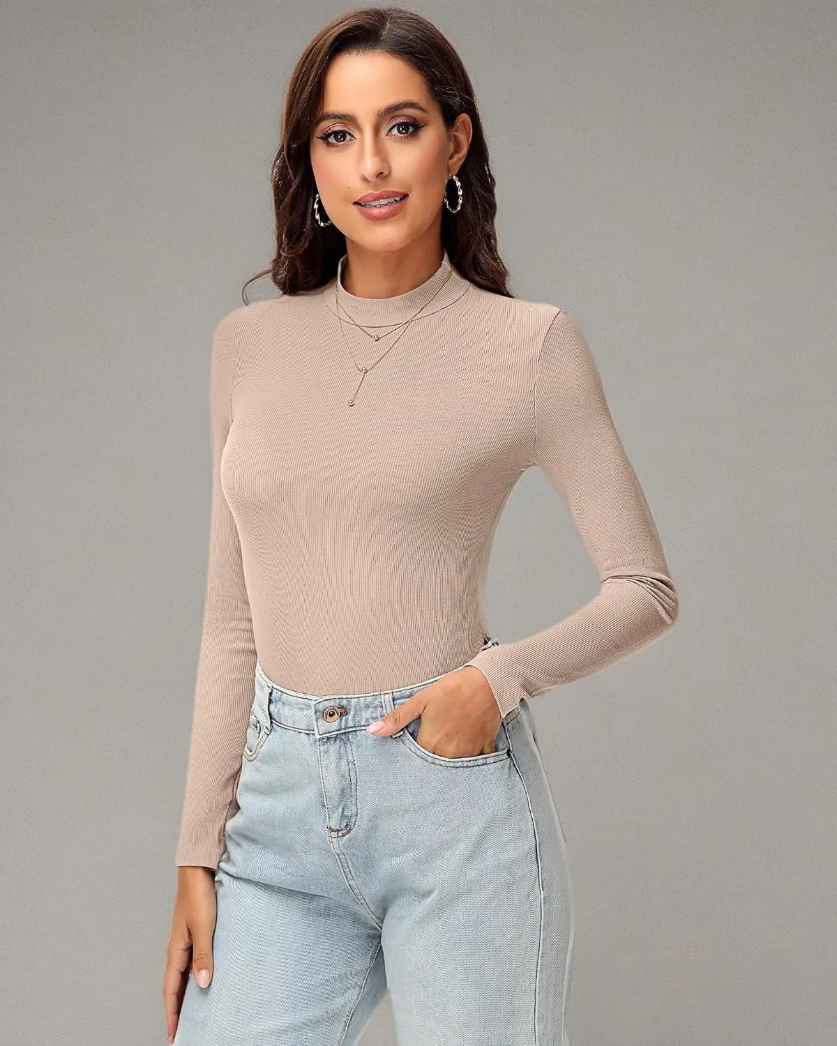 Riyiper 3 Pack Women's Turtleneck Shirts, Slim Fitted Mock Neck Tops Casual Long Sleeve Knit Ribbed Thermal Undershirts Tee