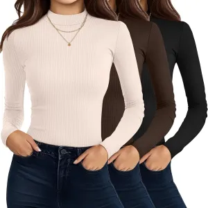 Riyiper 3 Pack Women's Turtleneck Shirts, Slim Fitted Mock Neck Tops Casual Long Sleeve Knit Ribbed Thermal Undershirts Tee