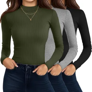 Riyiper 3 Pack Women's Turtleneck Shirts, Slim Fitted Mock Neck Tops Casual Long Sleeve Knit Ribbed Thermal Undershirts Tee