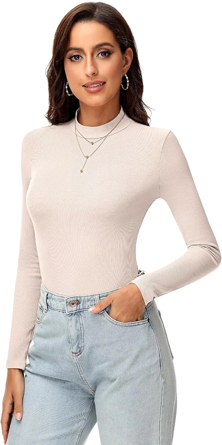 Riyiper 3 Pack Women's Turtleneck Shirts, Slim Fitted Mock Neck Tops Casual Long Sleeve Knit Ribbed Thermal Undershirts Tee