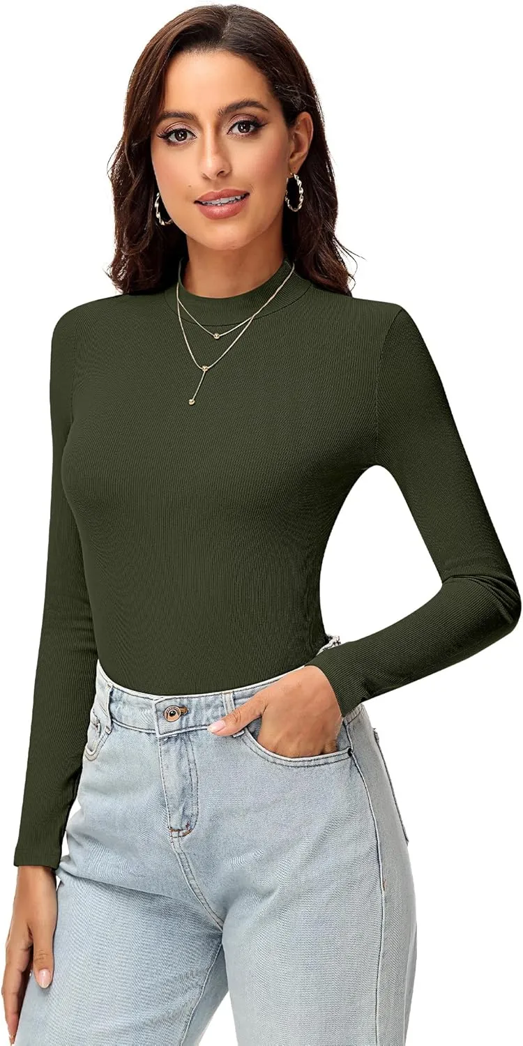 Riyiper 3 Pack Women's Turtleneck Shirts, Slim Fitted Mock Neck Tops Casual Long Sleeve Knit Ribbed Thermal Undershirts Tee