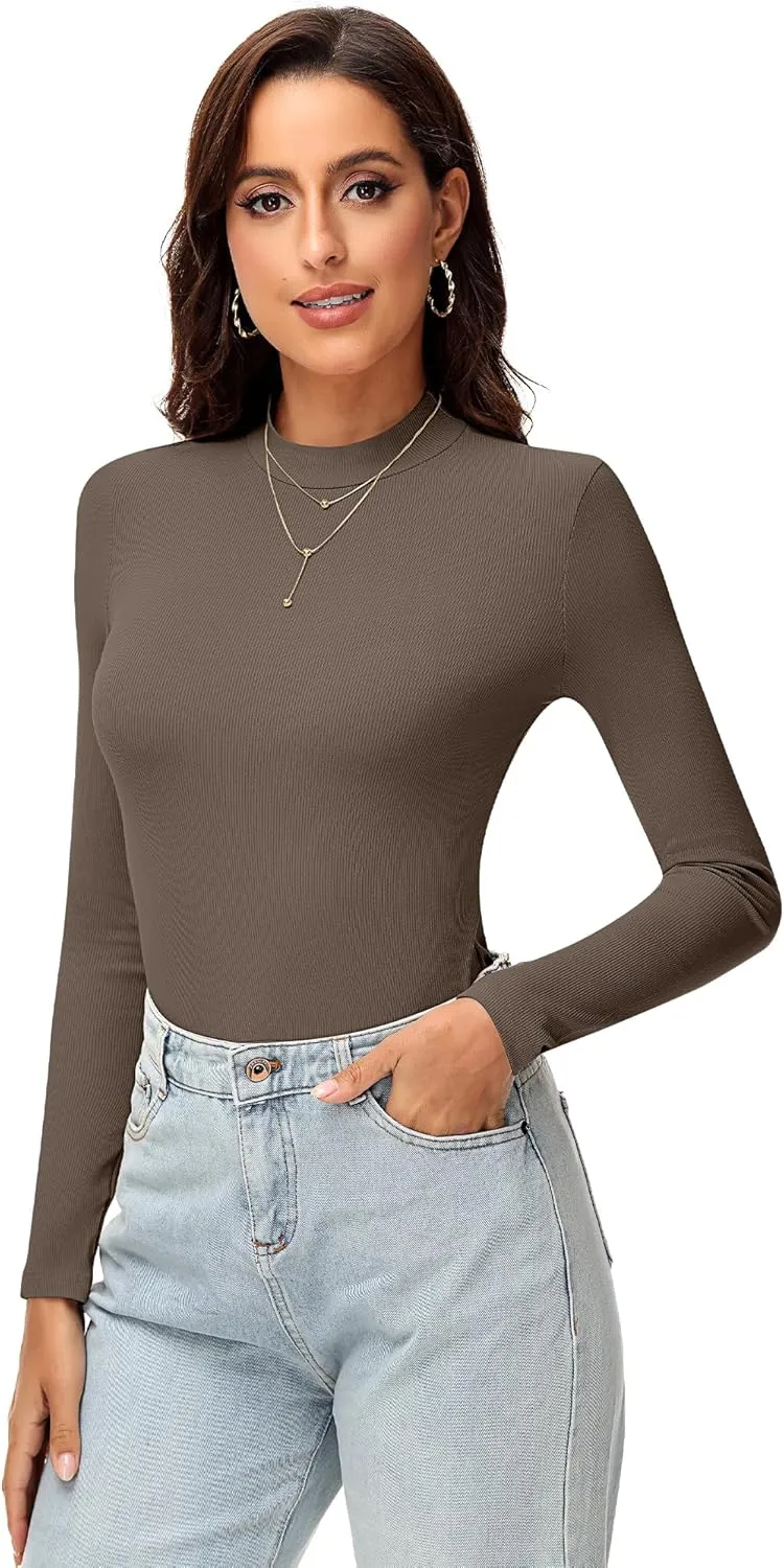 Riyiper 3 Pack Women's Turtleneck Shirts, Slim Fitted Mock Neck Tops Casual Long Sleeve Knit Ribbed Thermal Undershirts Tee