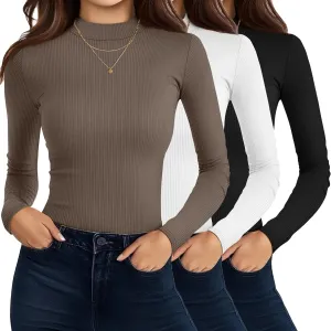 Riyiper 3 Pack Women's Turtleneck Shirts, Slim Fitted Mock Neck Tops Casual Long Sleeve Knit Ribbed Thermal Undershirts Tee