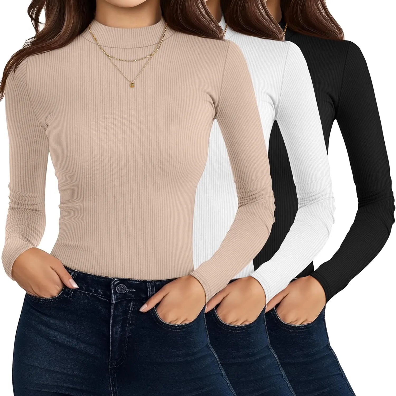 Riyiper 3 Pack Women's Turtleneck Shirts, Slim Fitted Mock Neck Tops Casual Long Sleeve Knit Ribbed Thermal Undershirts Tee
