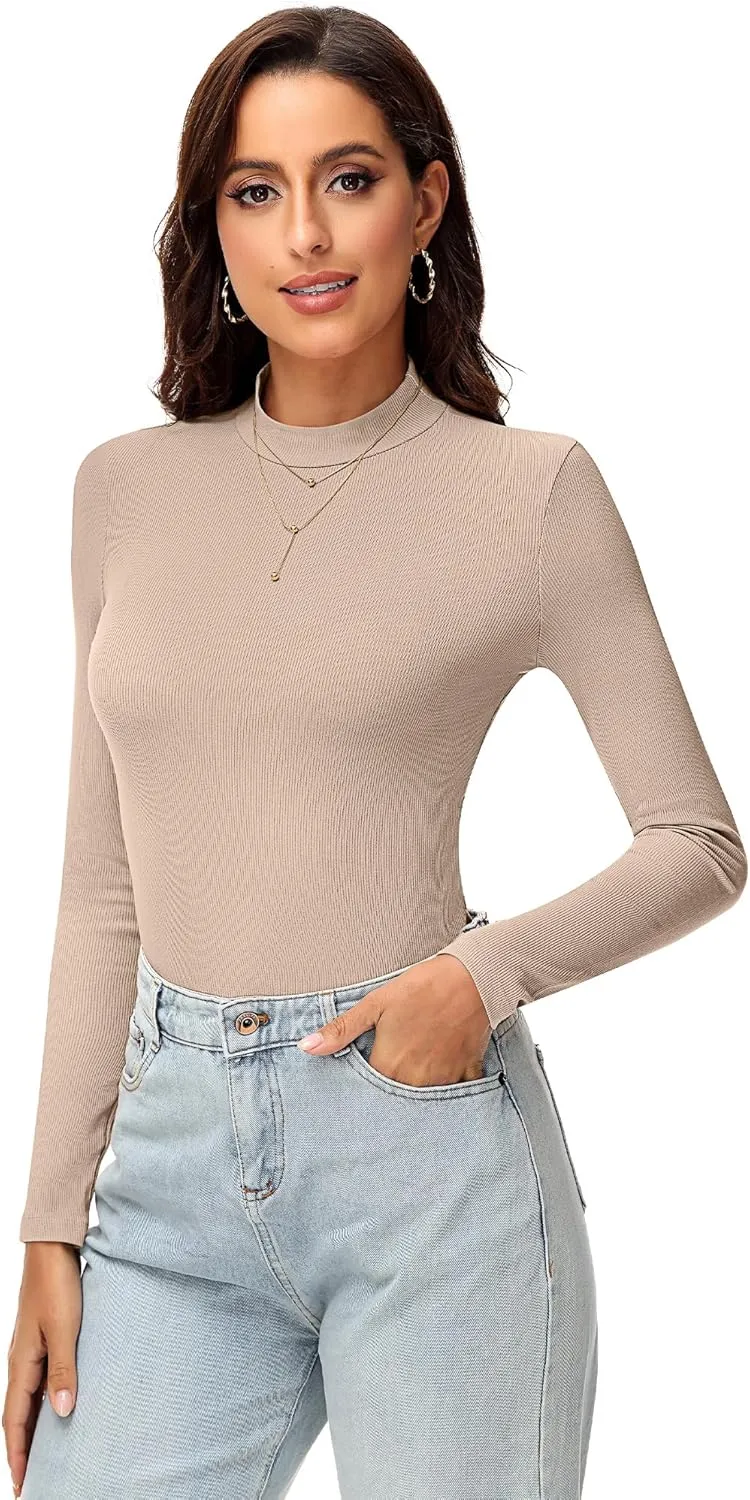 Riyiper 3 Pack Women's Turtleneck Shirts, Slim Fitted Mock Neck Tops Casual Long Sleeve Knit Ribbed Thermal Undershirts Tee