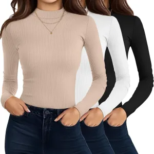 Riyiper 3 Pack Women's Turtleneck Shirts, Slim Fitted Mock Neck Tops Casual Long Sleeve Knit Ribbed Thermal Undershirts Tee