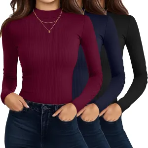 Riyiper 3 Pack Women's Turtleneck Shirts, Slim Fitted Mock Neck Tops Casual Long Sleeve Knit Ribbed Thermal Undershirts Tee