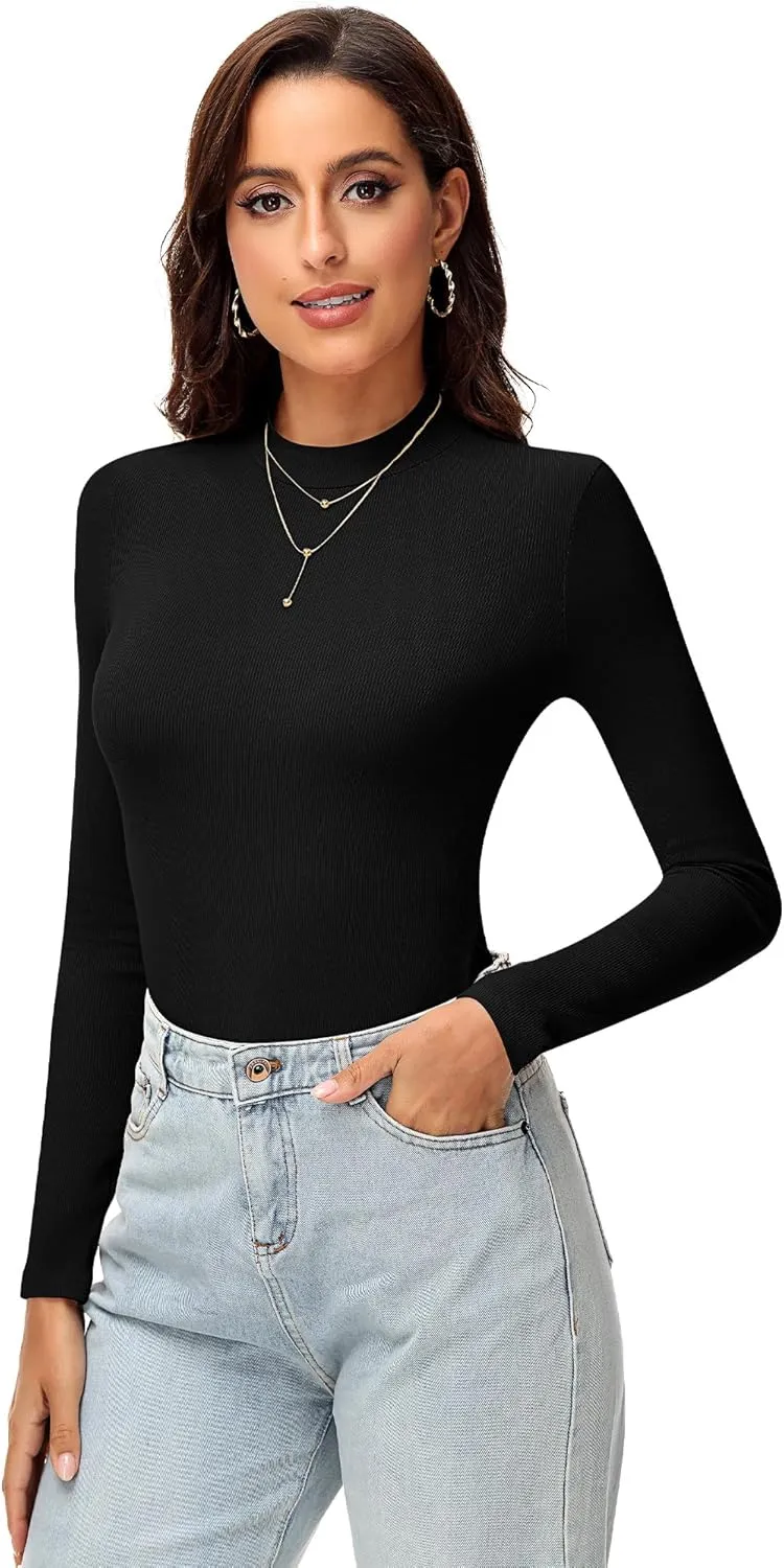 Riyiper 3 Pack Women's Turtleneck Shirts, Slim Fitted Mock Neck Tops Casual Long Sleeve Knit Ribbed Thermal Undershirts Tee