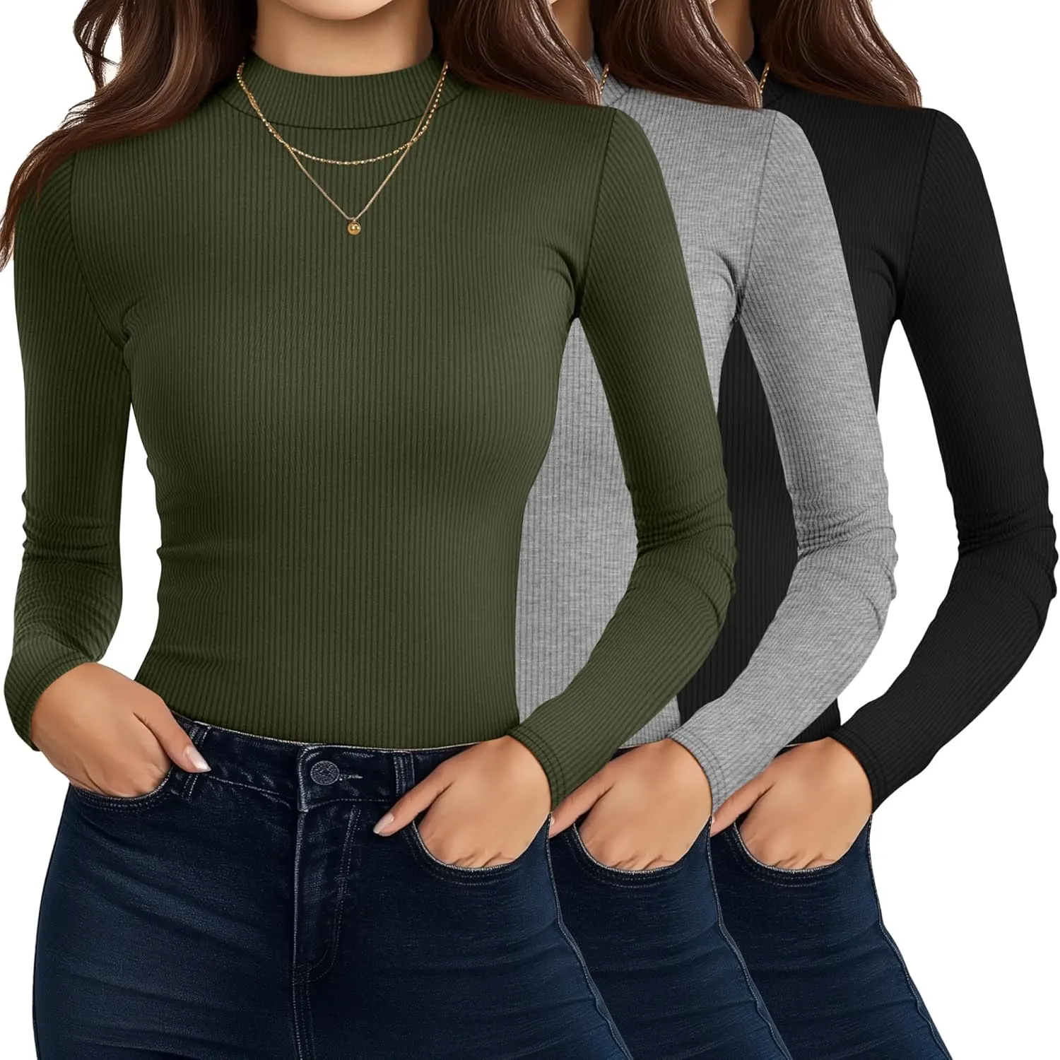 Riyiper 3 Pack Women's Turtleneck Shirts, Slim Fitted Mock Neck Tops Casual Long Sleeve Knit Ribbed Thermal Undershirts Tee
