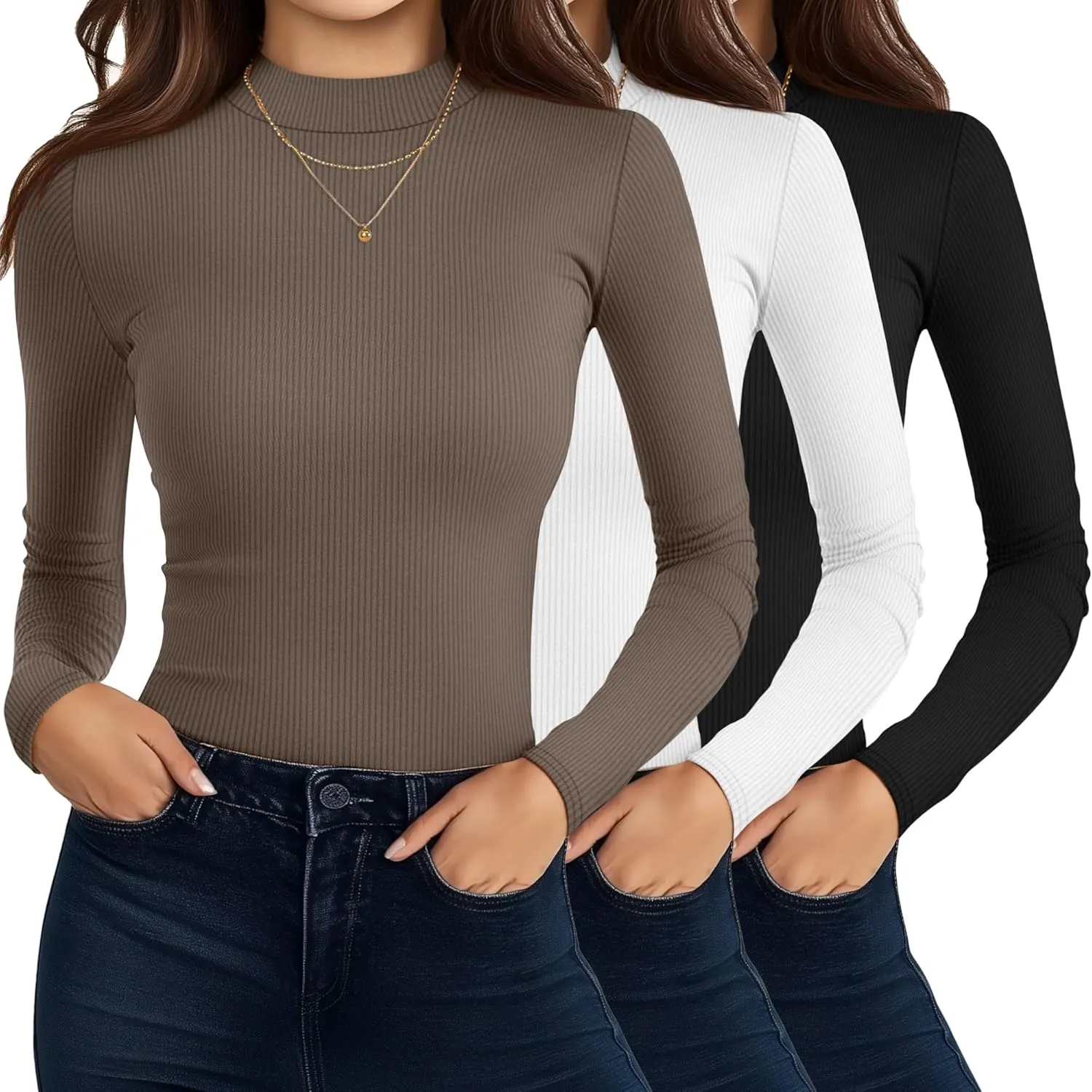 Riyiper 3 Pack Women's Turtleneck Shirts, Slim Fitted Mock Neck Tops Casual Long Sleeve Knit Ribbed Thermal Undershirts Tee
