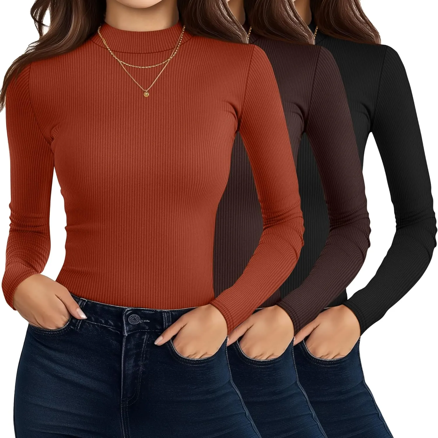 Riyiper 3 Pack Women's Turtleneck Shirts, Slim Fitted Mock Neck Tops Casual Long Sleeve Knit Ribbed Thermal Undershirts Tee