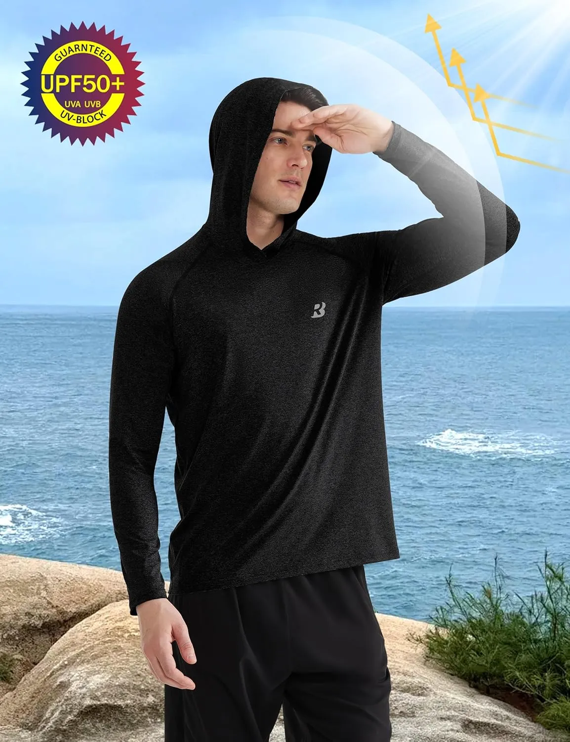 Roadbox Men's UPF 50  Fishing Shirts, Long Sleeve UV Sun Protection SPF Hoodie, Quick Dry Swim Rash Guard for Outdoor Hiking