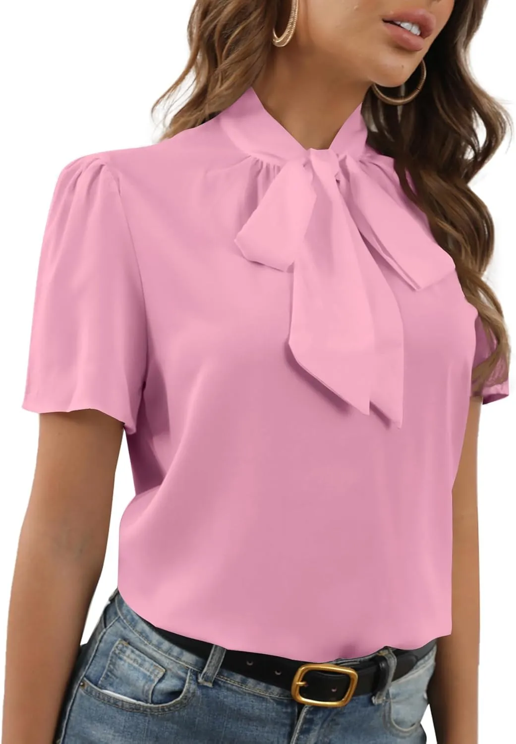 Rooscier Women's Bow Tie Knot Mock Neck Short Sleeve Elegant Workwear Blouse Shirt Top