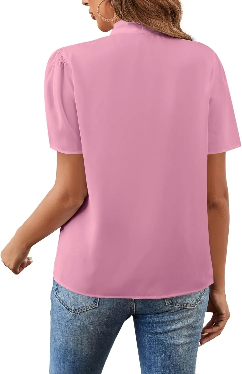 Rooscier Women's Bow Tie Knot Mock Neck Short Sleeve Elegant Workwear Blouse Shirt Top