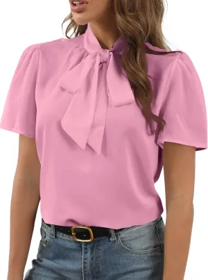 Rooscier Women's Bow Tie Knot Mock Neck Short Sleeve Elegant Workwear Blouse Shirt Top