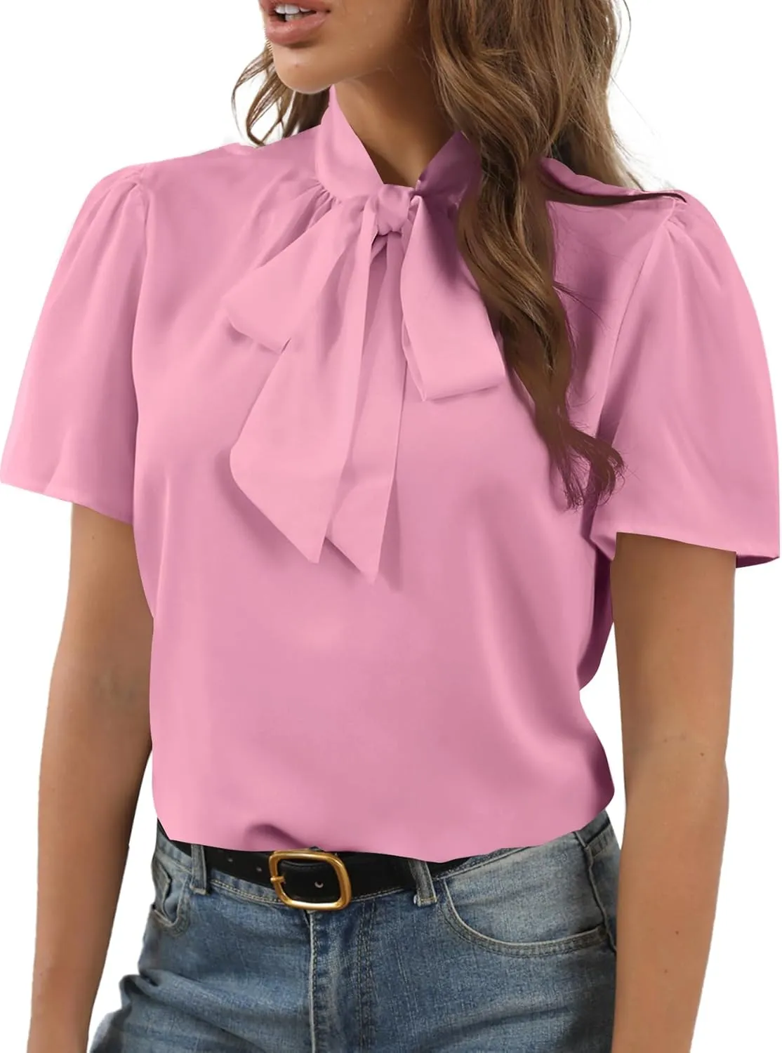 Rooscier Women's Bow Tie Knot Mock Neck Short Sleeve Elegant Workwear Blouse Shirt Top