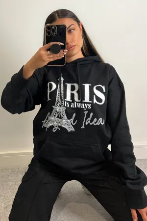 Roxanne Black Paris Slogan Oversized Hoodie