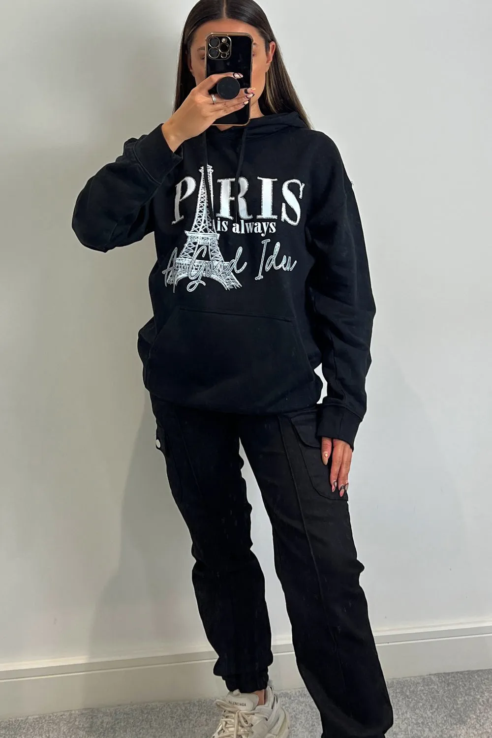 Roxanne Black Paris Slogan Oversized Hoodie