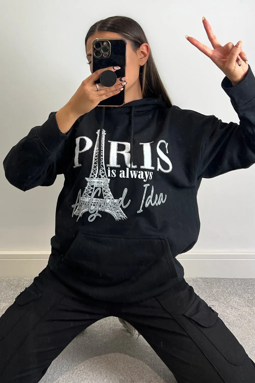 Roxanne Black Paris Slogan Oversized Hoodie