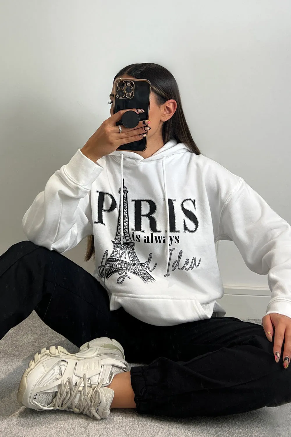 Roxanne White Paris Slogan Oversized Hoodie