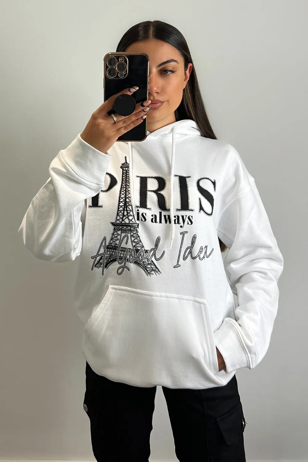 Roxanne White Paris Slogan Oversized Hoodie
