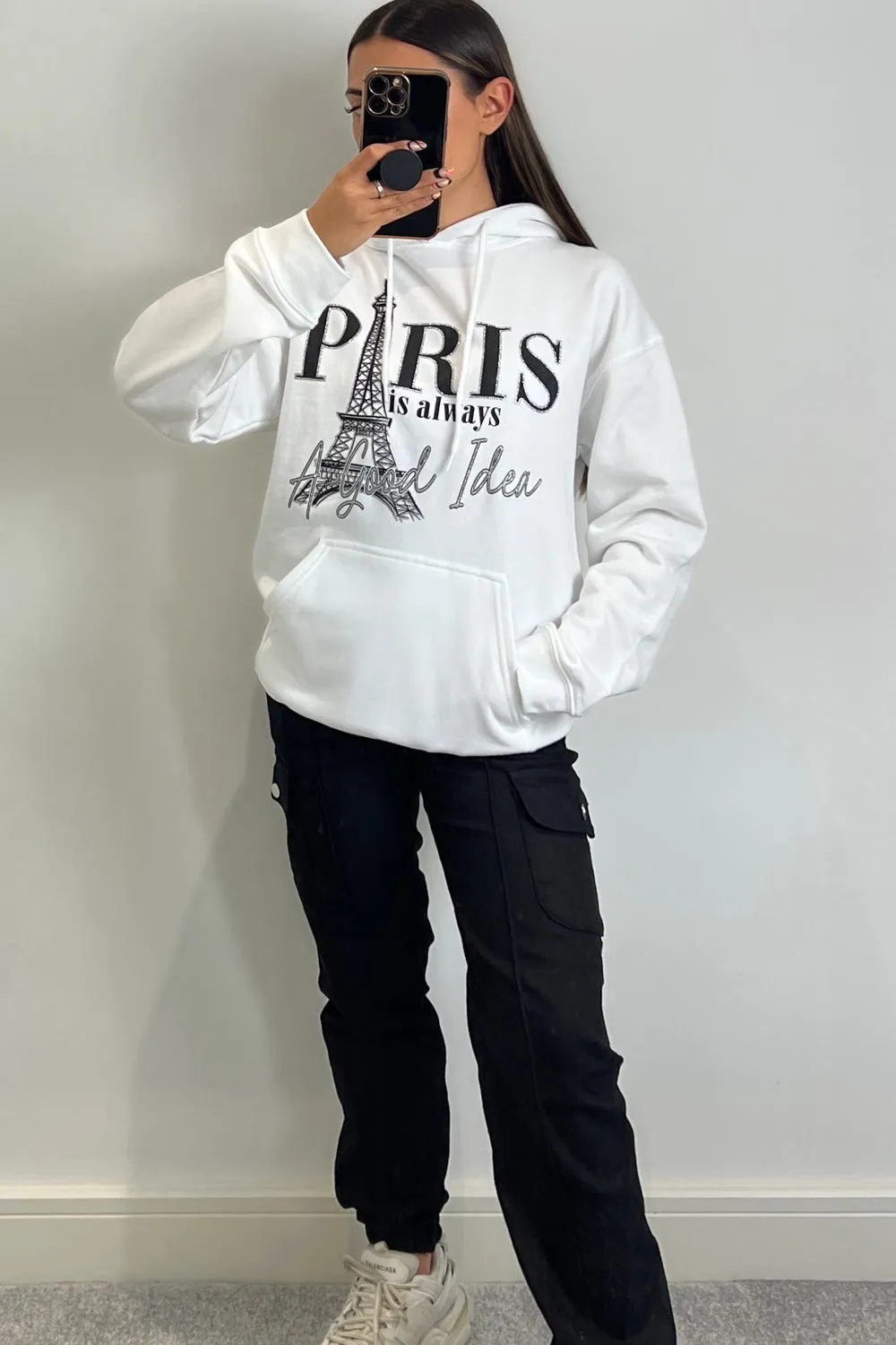 Roxanne White Paris Slogan Oversized Hoodie