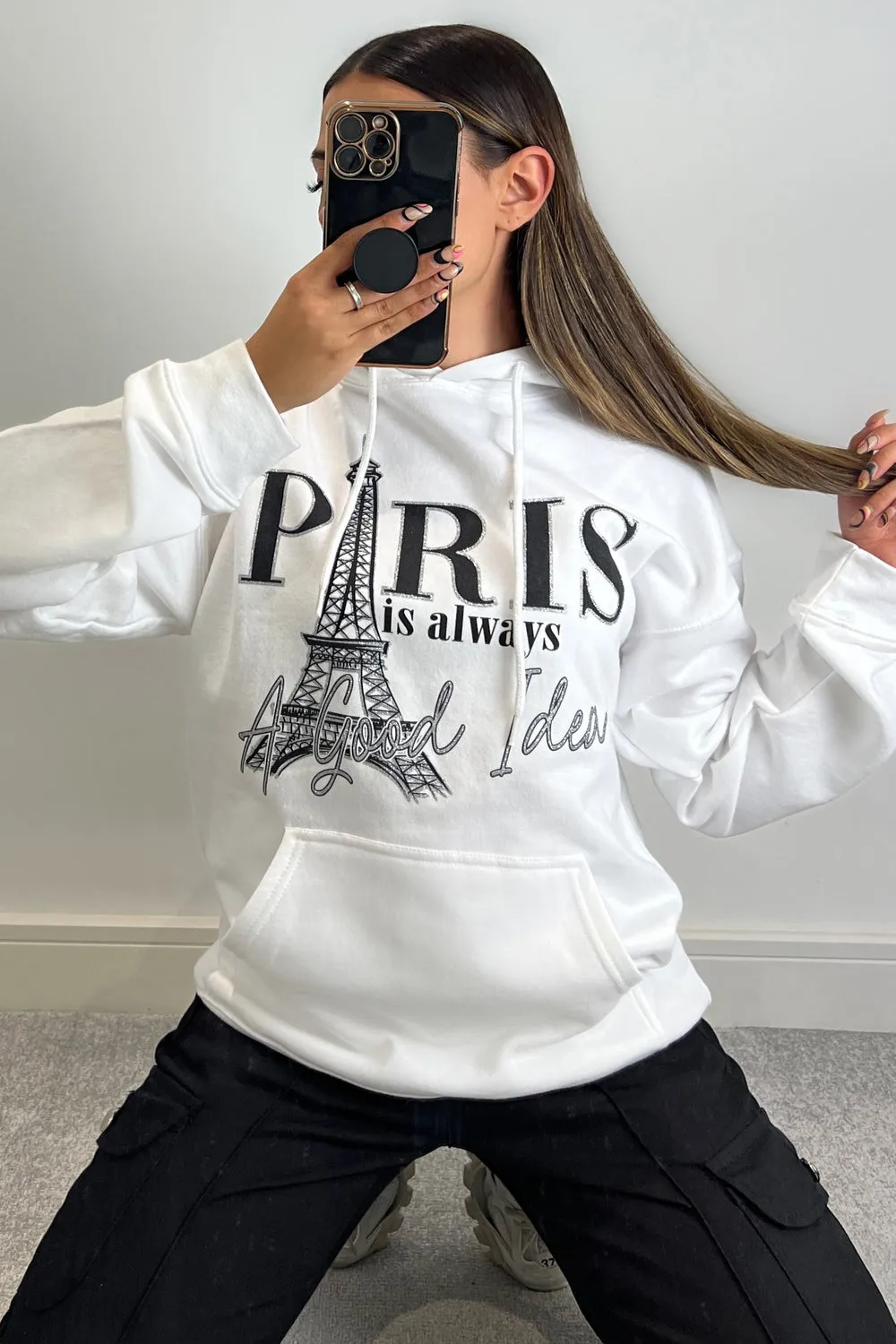 Roxanne White Paris Slogan Oversized Hoodie