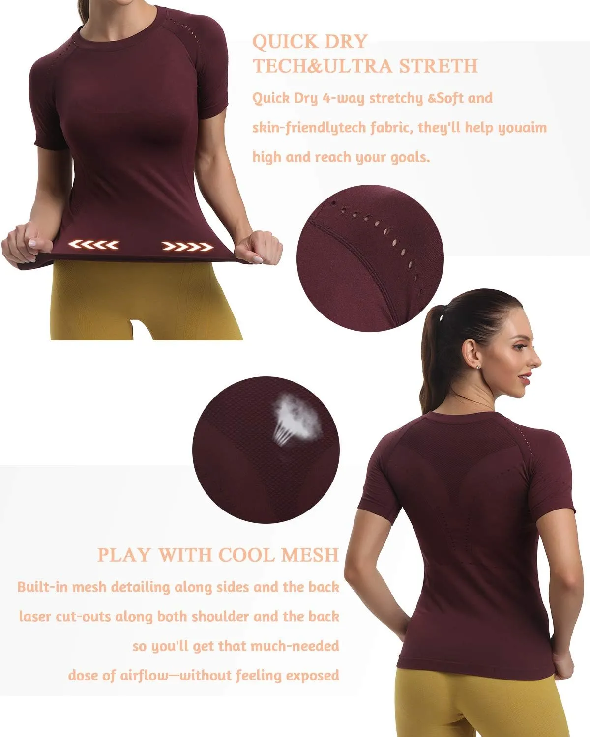 RUNNING GIRL Seamless Workout Shirts for WomenShort Sleeve T-Shirt Stretch Tees Quick Dry Gym Athletic Tops